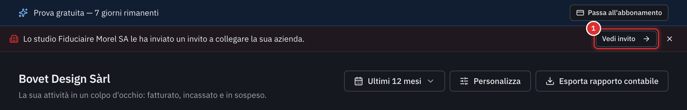 La dashboard del cliente con il banner dell’invito dello studio e il pulsante Vedi invito.