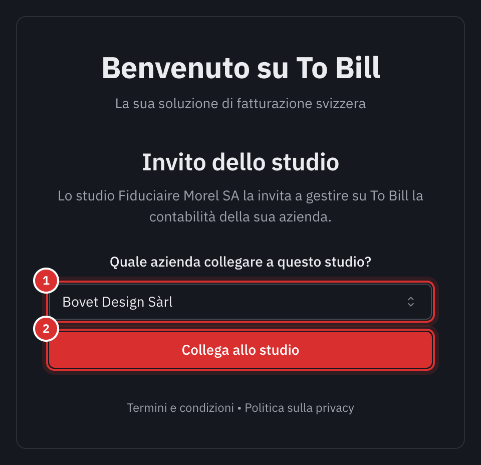 La pagina Invito dello studio: la scelta dell’azienda e il pulsante Collega allo studio.