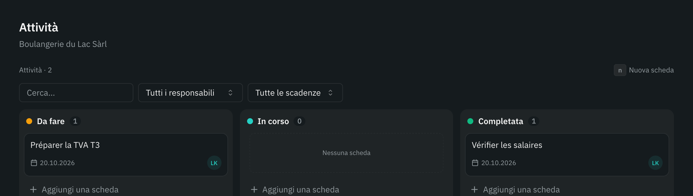La bacheca delle attività di un mandato: le colonne Da fare, In corso e Completata, con una scheda in ciascuna.