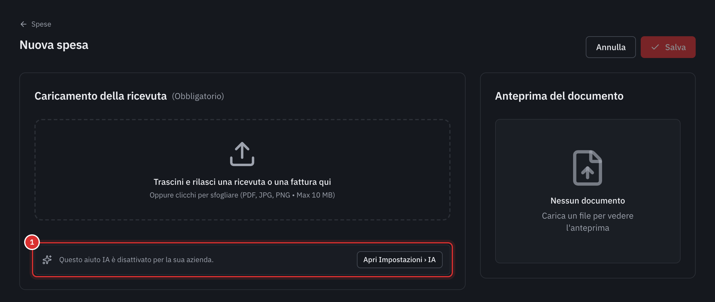 La pagina Nuova spesa di un’azienda senza IA: sotto la zona della ricevuta, la nota Questo aiuto IA è disattivato per la sua azienda, con il pulsante Apri Impostazioni, IA.