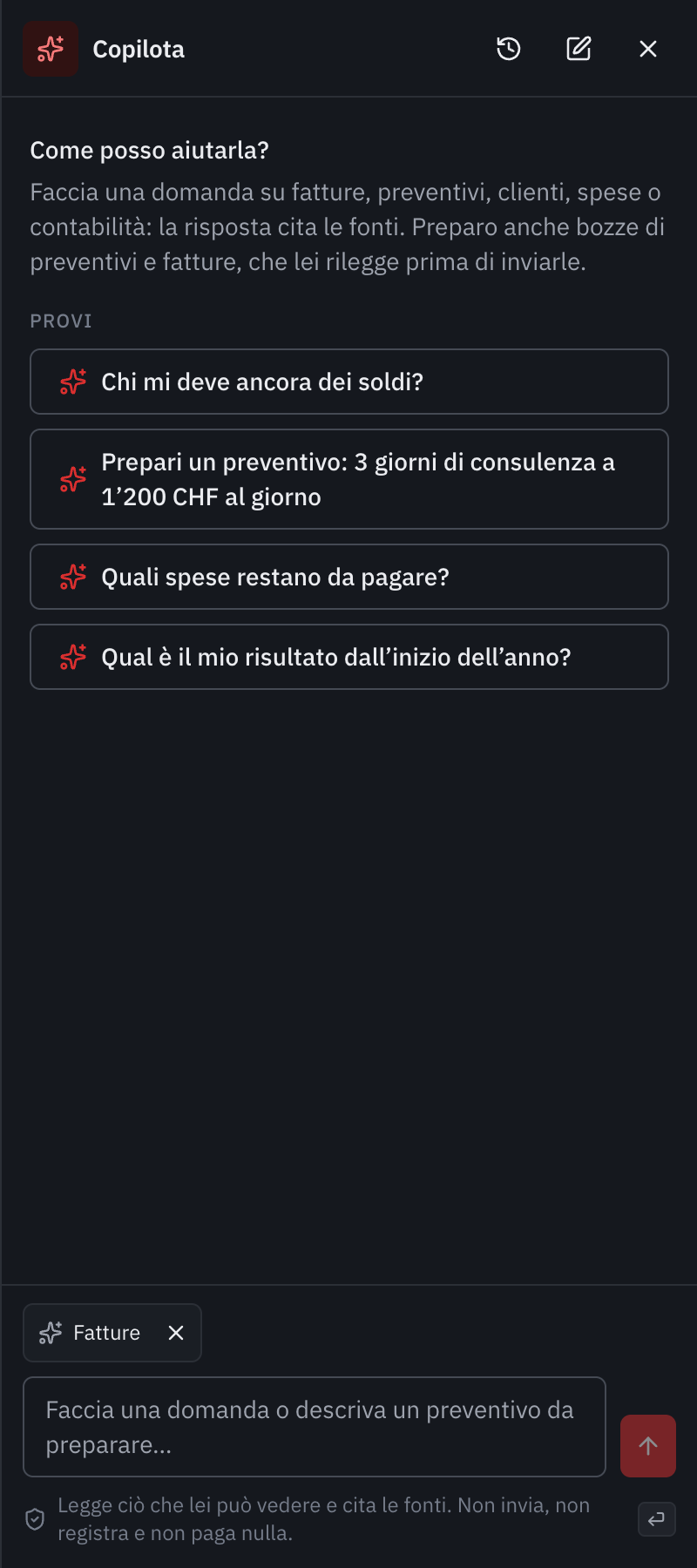 Il pannello Copilota a destra delle fatture: Come posso aiutarLa?, domande da provare, l’etichetta della pagina e il campo della domanda.
