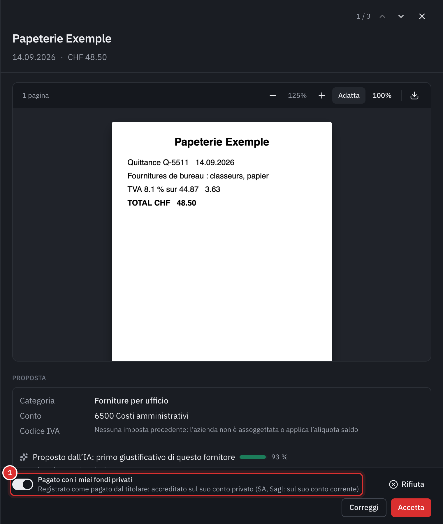 La scheda di un giustificativo di Papeterie Exemple in Da convalidare: la ricevuta, la proposta Forniture per ufficio, e in fondo l’interruttore Pagato con i miei fondi privati attivato, con i pulsanti Rifiuta, Correggi e Accetta.