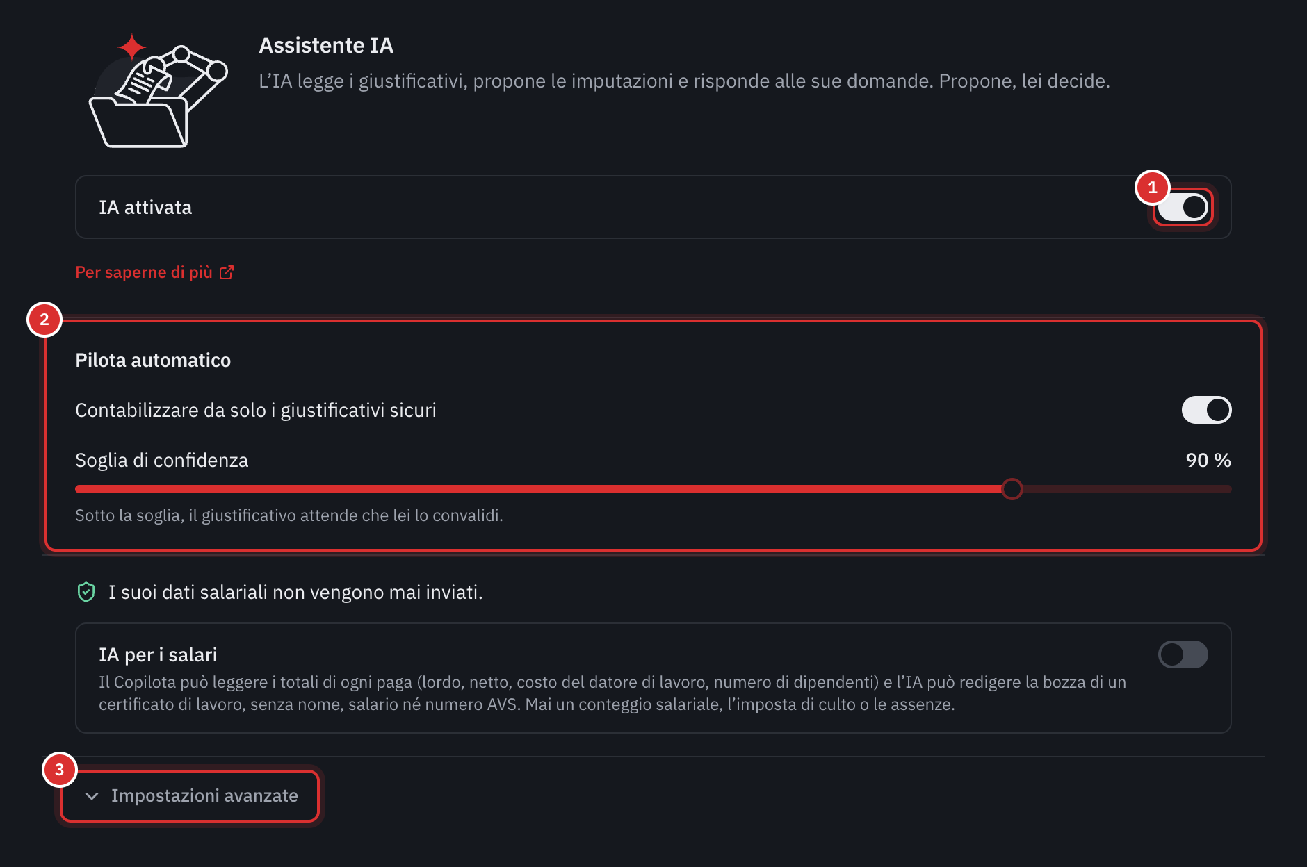 La pagina Impostazioni, IA: l’interruttore IA attivata, il pilota automatico e il link Impostazioni avanzate.