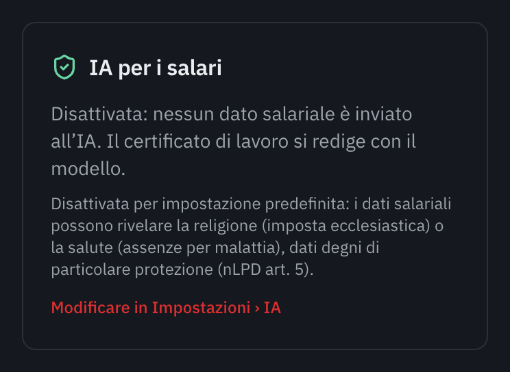 La scheda IA per i salari della pagina Salari, Assicurazioni: Disattivata, nessun dato salariale è inviato all’IA, il motivo e il link Modificare in Impostazioni, IA.