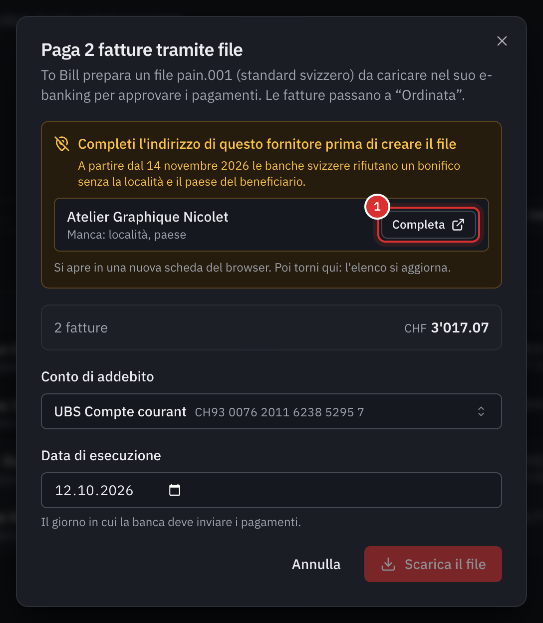 La finestra di pagamento con l’avviso Completate l’indirizzo di questo fornitore prima di creare il file: Atelier Graphique Nicolet, mancano la località e il paese, con il pulsante Completa.