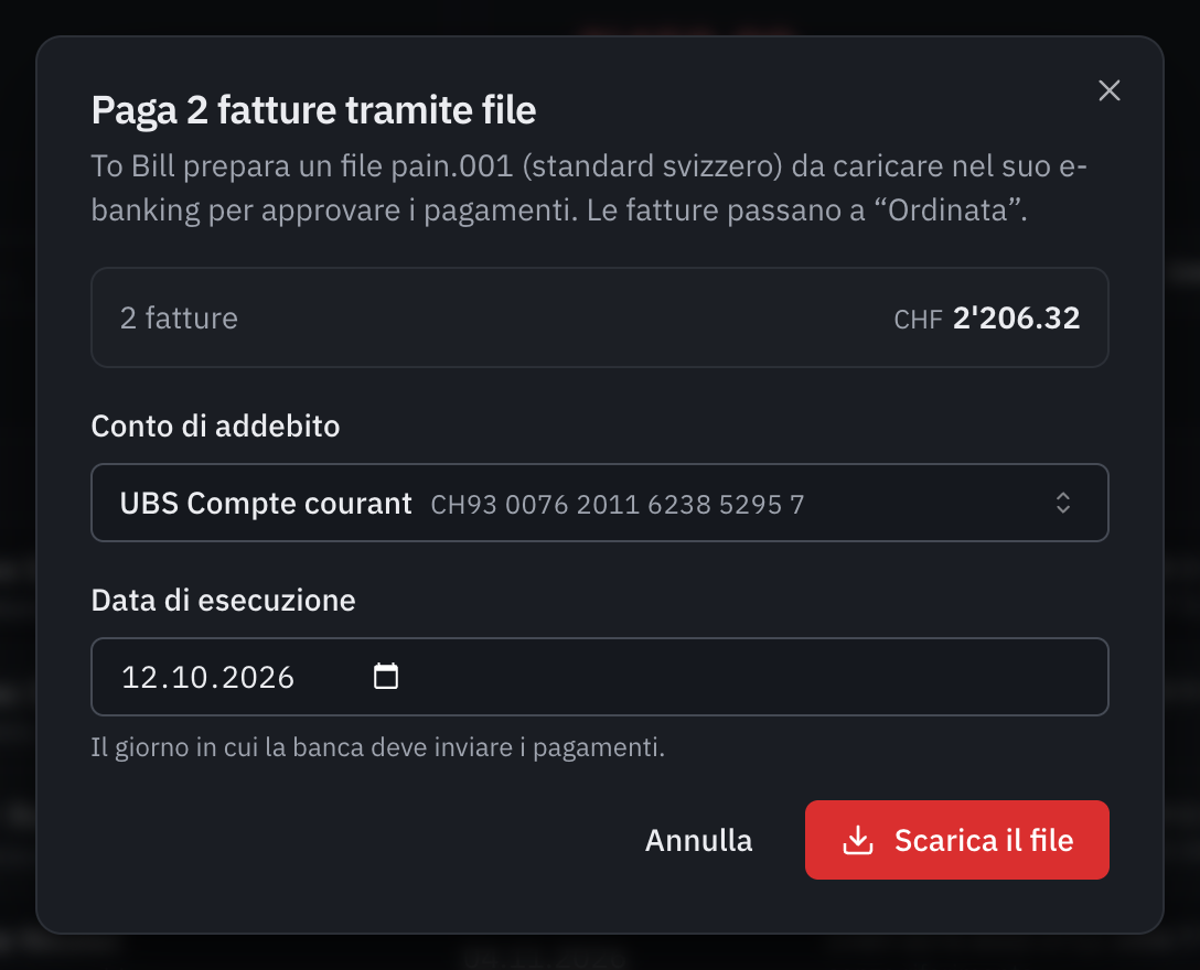 La finestra Pagare 2 fatture tramite file: il totale, il conto di addebito UBS Conto corrente, la data di esecuzione e il pulsante Scarica il file.