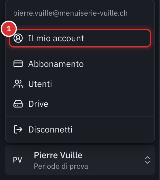Il menu dell’account aperto in basso a sinistra: l’e-mail, Il mio account, Abbonamento, Utenti, Drive e Disconnetti.