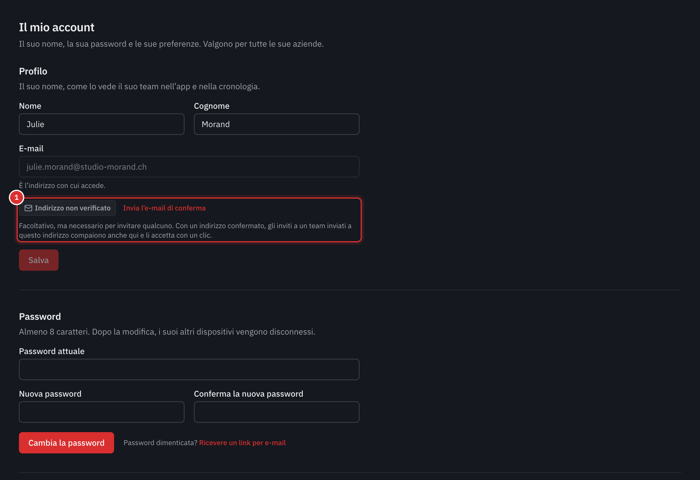 La pagina Il mio account: il profilo con il nome, il cognome, l’e-mail di accesso e, sotto, Indirizzo non verificato con il link Invia l’e-mail di conferma, poi la password attuale, quella nuova e la sua conferma.