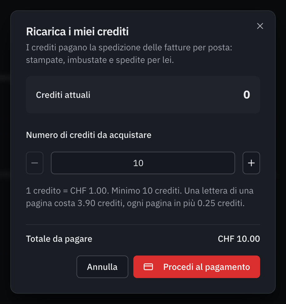La finestra Ricarica i miei crediti: a che cosa servono i crediti (l’invio delle fatture per posta), i crediti attuali, il numero da acquistare, la tariffa con il minimo di 10 crediti e il prezzo di una lettera, e il totale da pagare di CHF 10.00.