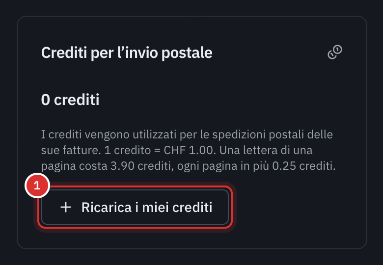 La scheda Crediti per l’invio postale della pagina Abbonamento: il saldo, la tariffa 1 credito = CHF 1.00 con il prezzo di una lettera, e il pulsante Ricarica i miei crediti.