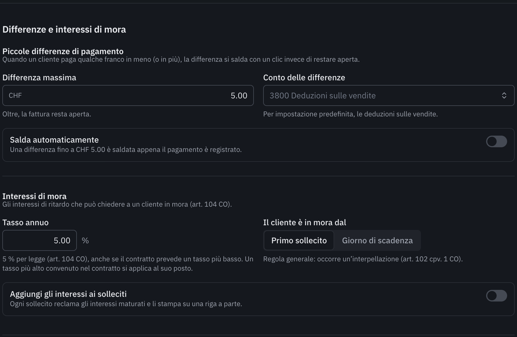 La parte Differenze e interessi di mora: la differenza massima, il conto delle differenze, il tasso annuo e l’inizio della mora.