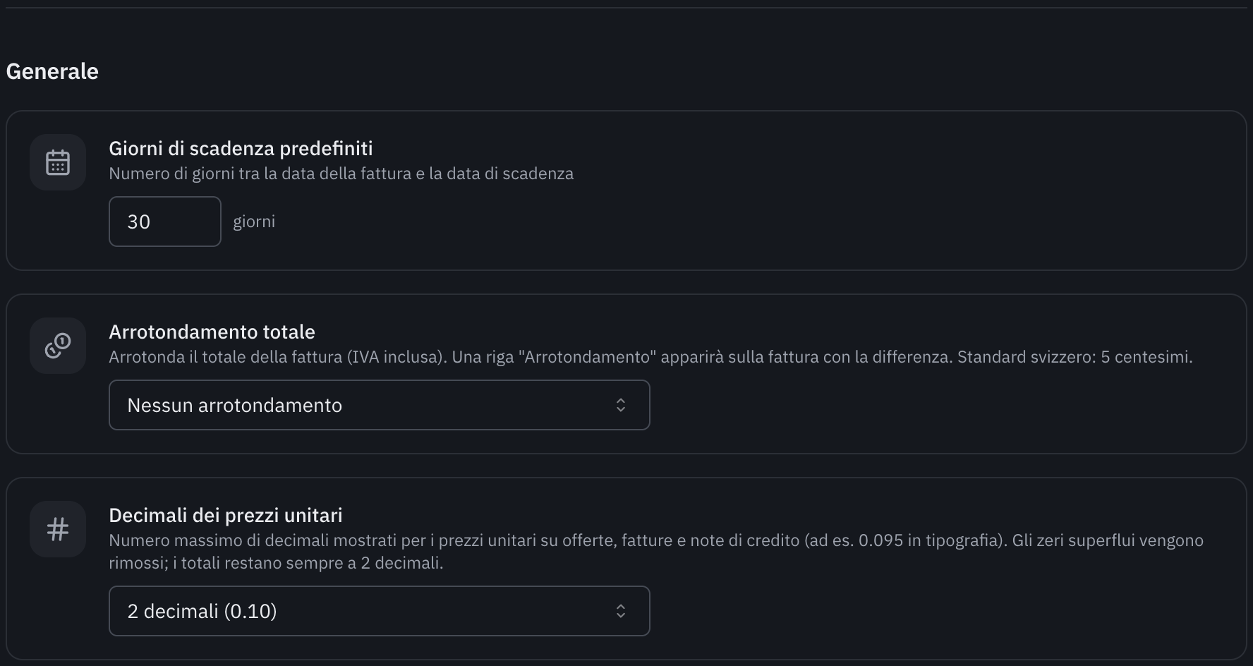 La parte Generale: giorni di scadenza predefiniti, arrotondamento del totale e decimali dei prezzi unitari.