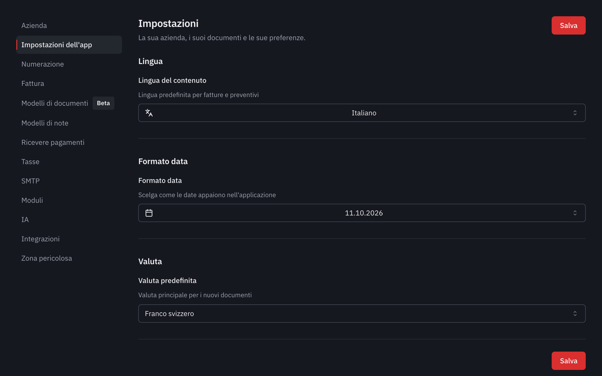 La scheda Impostazioni dell’app: la lingua del contenuto, il formato data e la valuta predefinita.