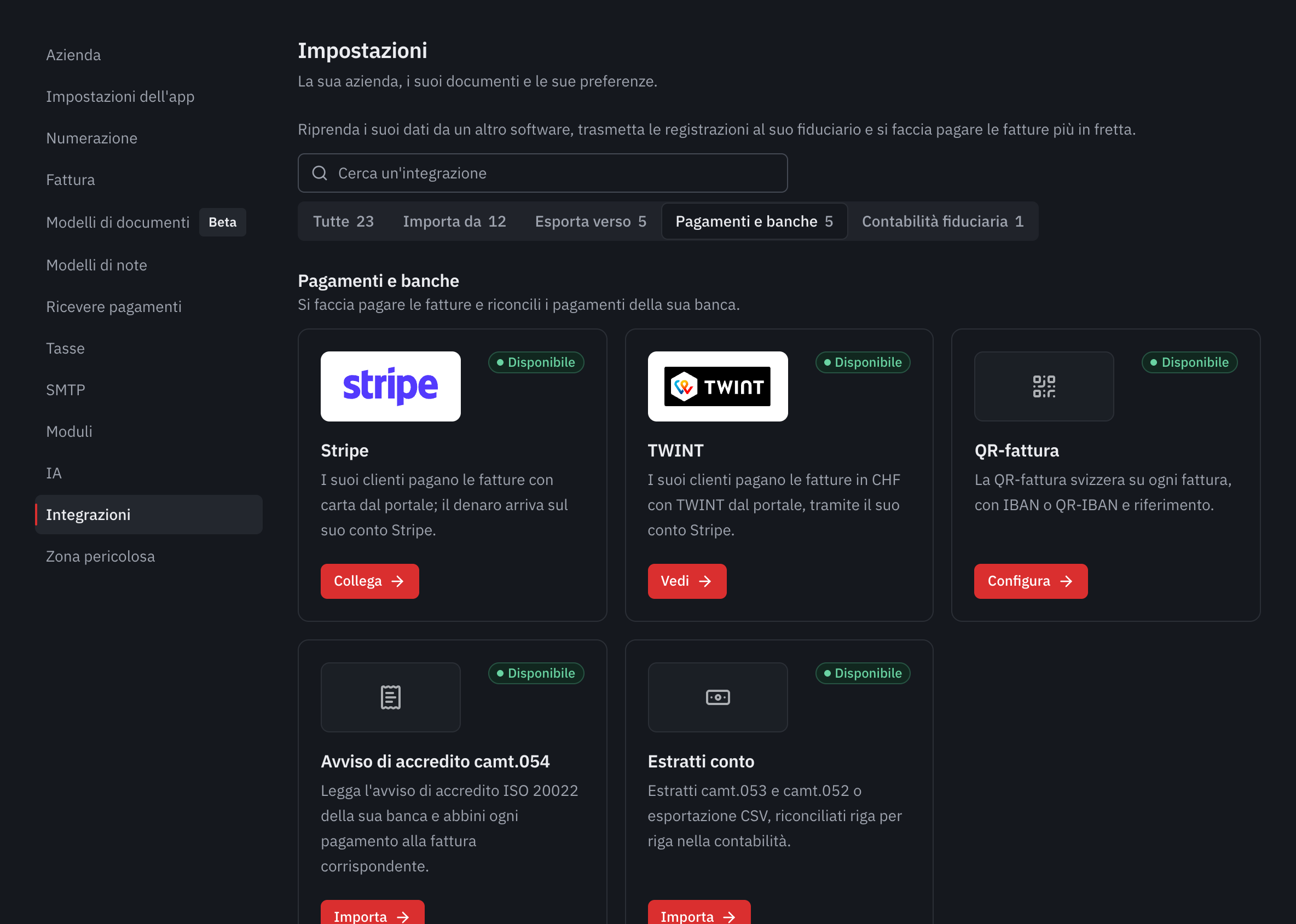 La categoria Pagamenti e banche: Stripe, TWINT, QR-fattura, avviso di accredito camt.054 ed estratti conto.