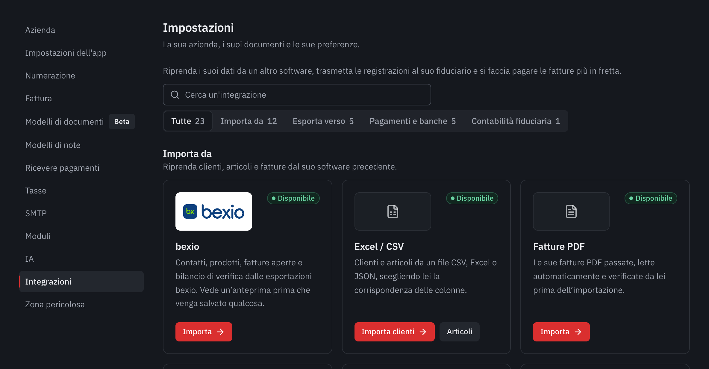 La scheda Integrazioni delle impostazioni: la ricerca, le categorie e le schede bexio, Excel / CSV e Fatture PDF.