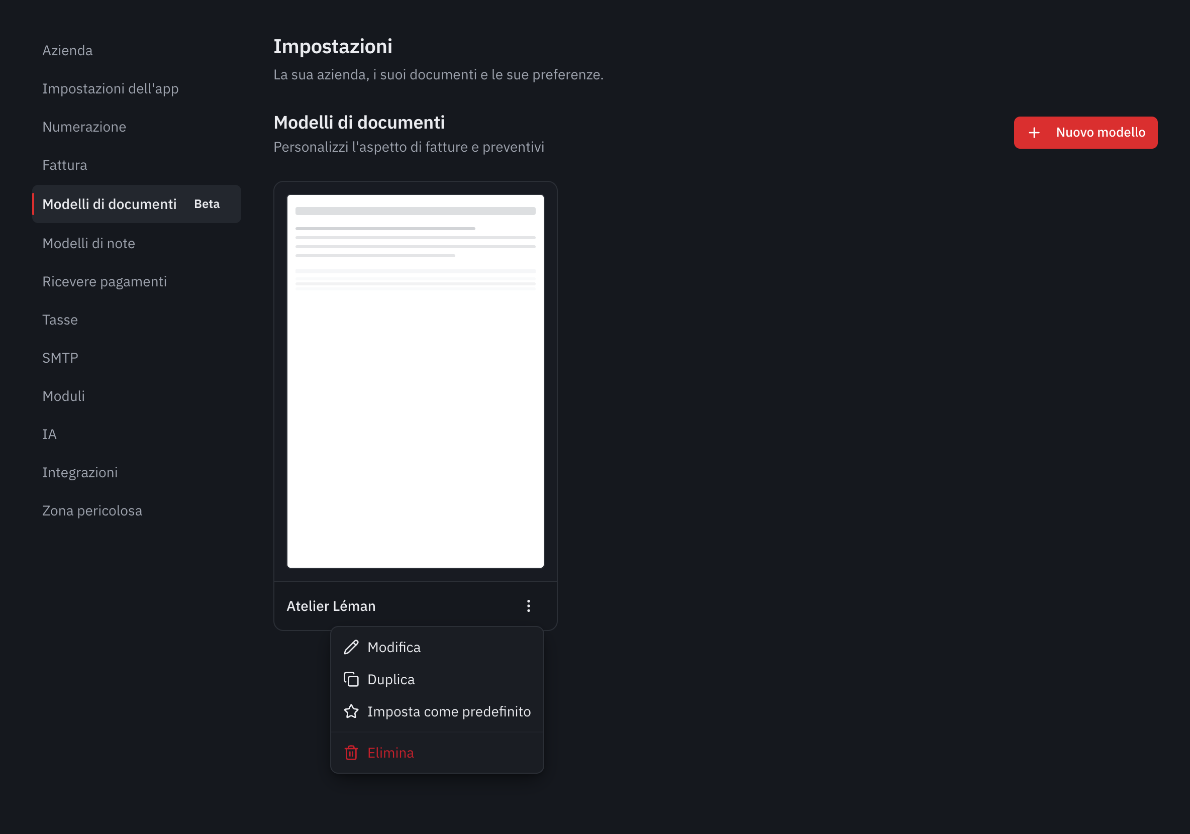 La lista dei modelli di documenti, con il menu di un modello aperto: Modifica, Duplica, Imposta come predefinito, Elimina.