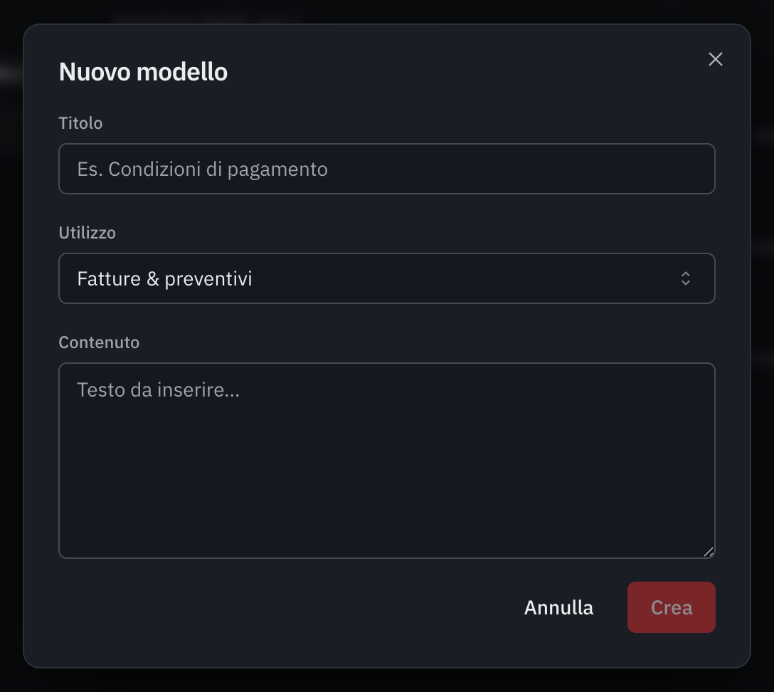 La finestra Nuovo modello: il titolo, l’utilizzo e il contenuto della nota.