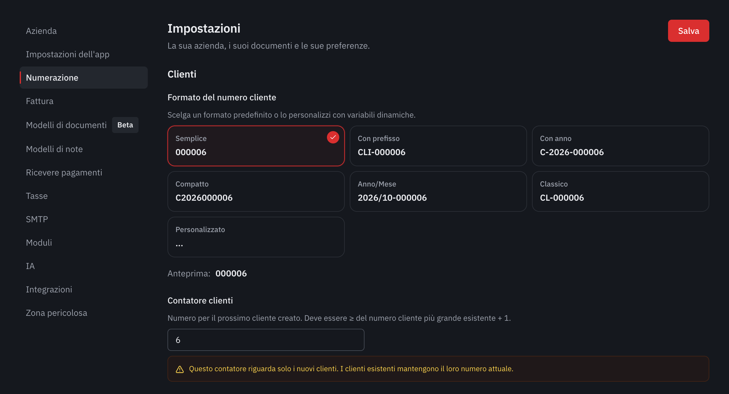 La parte Clienti della numerazione: i formati proposti, l’anteprima e il contatore clienti.
