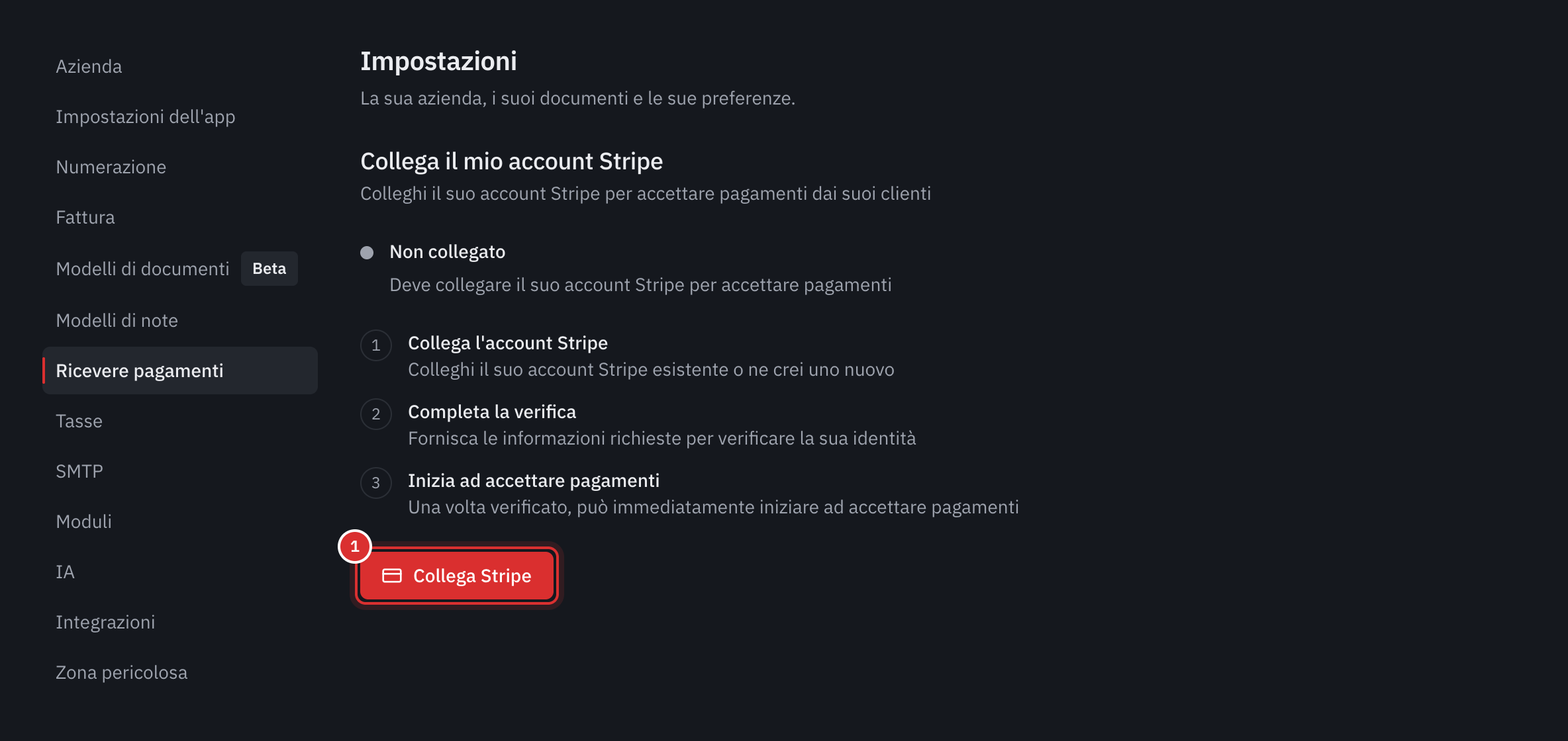La scheda Ricevere pagamenti: il riquadro Non collegato, i tre passi e il pulsante Collega Stripe.