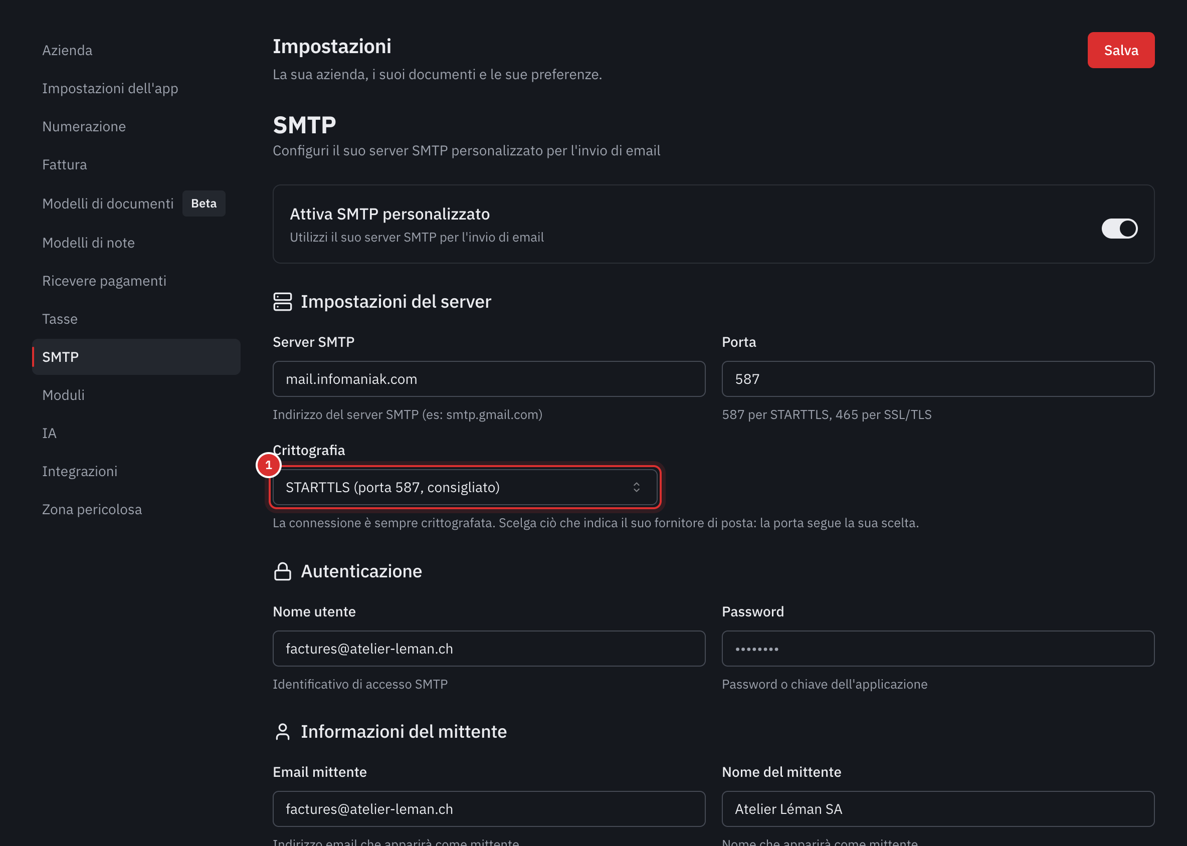 La scheda SMTP: il server, la porta, la crittografia, l’autenticazione e il mittente.