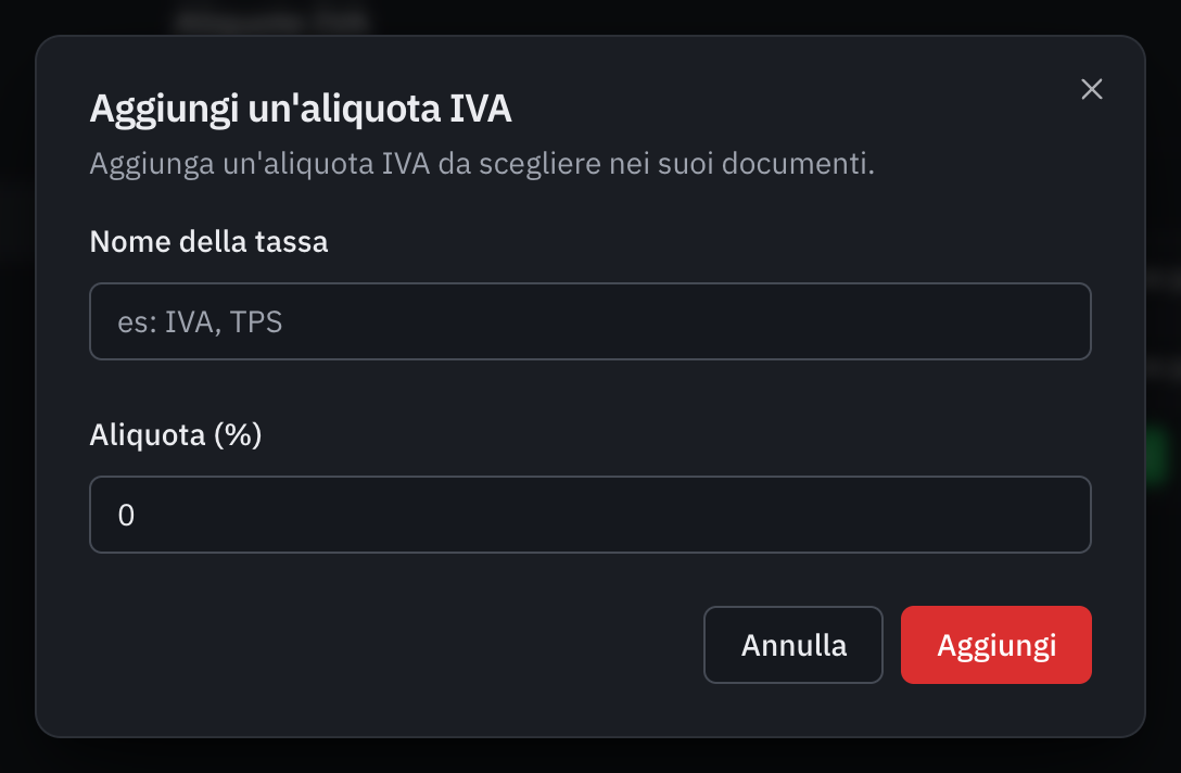 La finestra per aggiungere un’aliquota IVA: il nome della tassa e l’aliquota in percentuale.