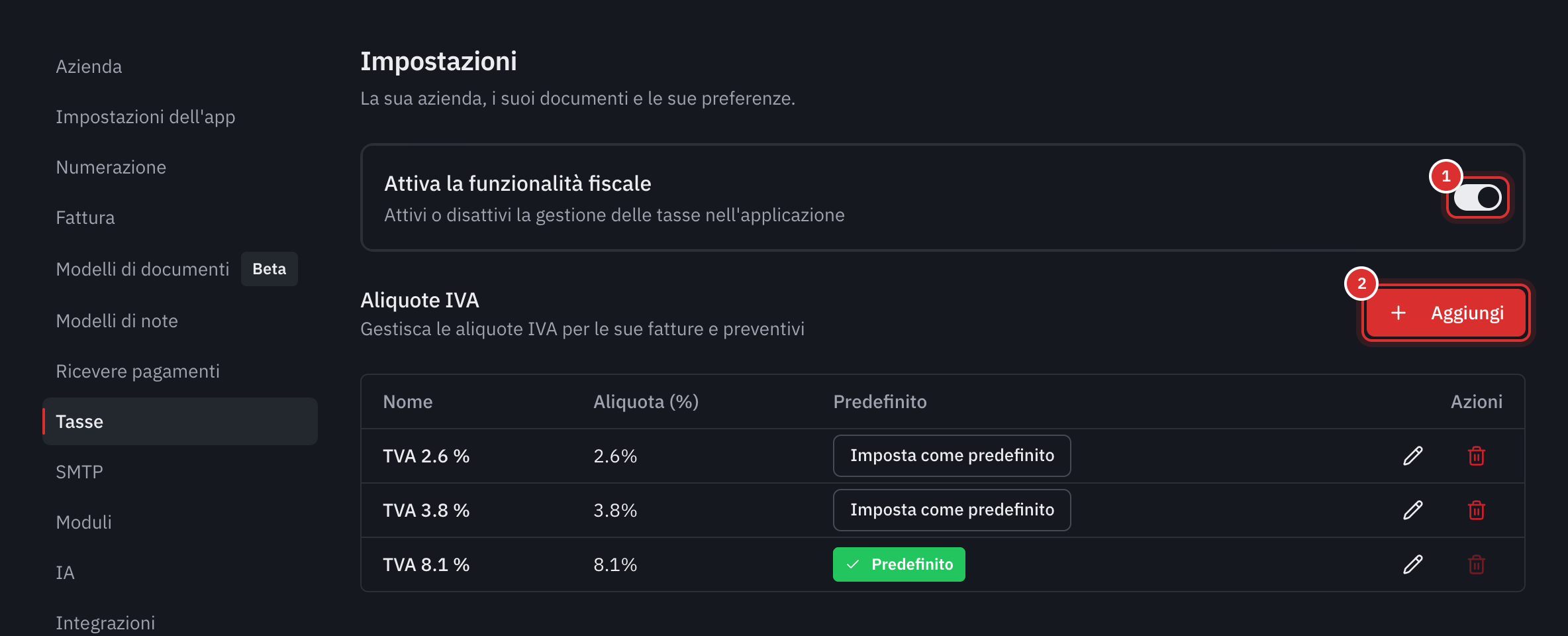 La scheda Tasse: l’interruttore Attiva la funzionalità fiscale e la lista delle aliquote IVA, con l’aliquota predefinita.