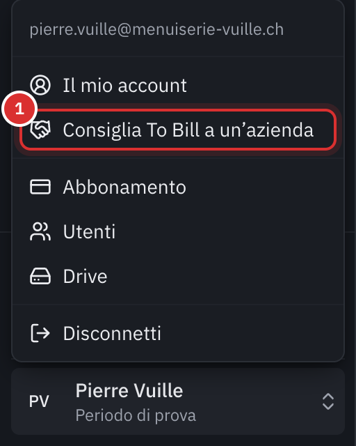 Il menu dell’account aperto in basso a sinistra, con la voce Consiglia To Bill a un’azienda sotto Il mio account.