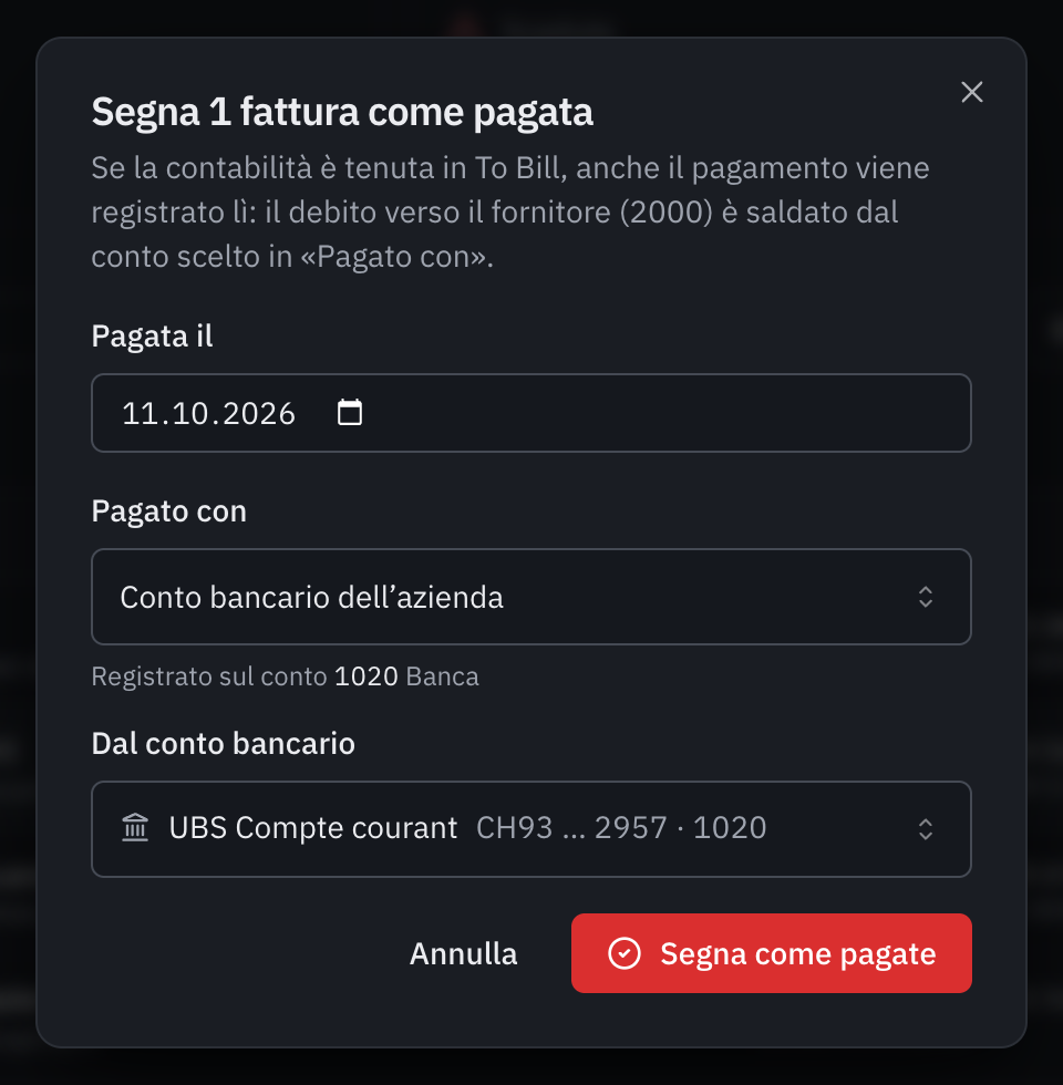 La finestra Segna 1 fattura come pagata: la data di pagamento, Pagato con Conto bancario dell’azienda, registrato sul conto 1020, e il conto bancario UBS Conto corrente.