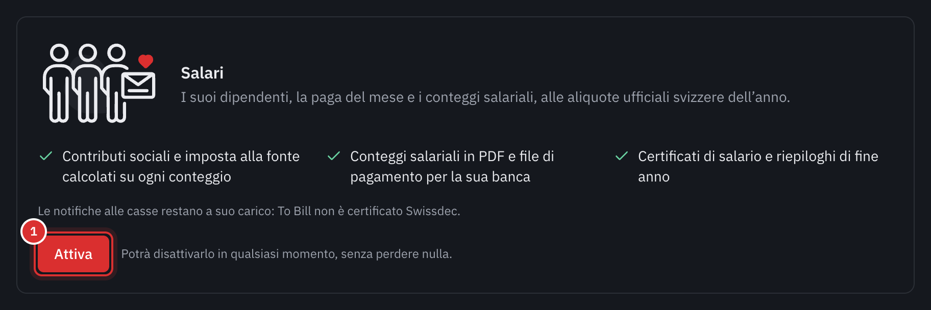 La scheda Salari in Impostazioni, Moduli: che cosa fa il modulo, la menzione Swissdec e il pulsante Attiva.