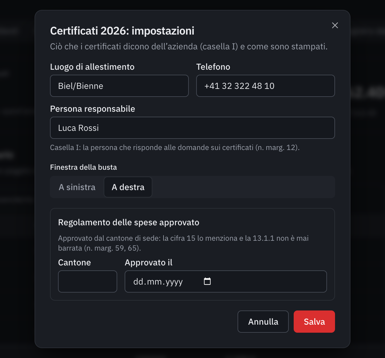 La finestra delle impostazioni dei certificati 2026: luogo di allestimento, telefono, persona responsabile, finestra della busta e regolamento delle spese approvato.