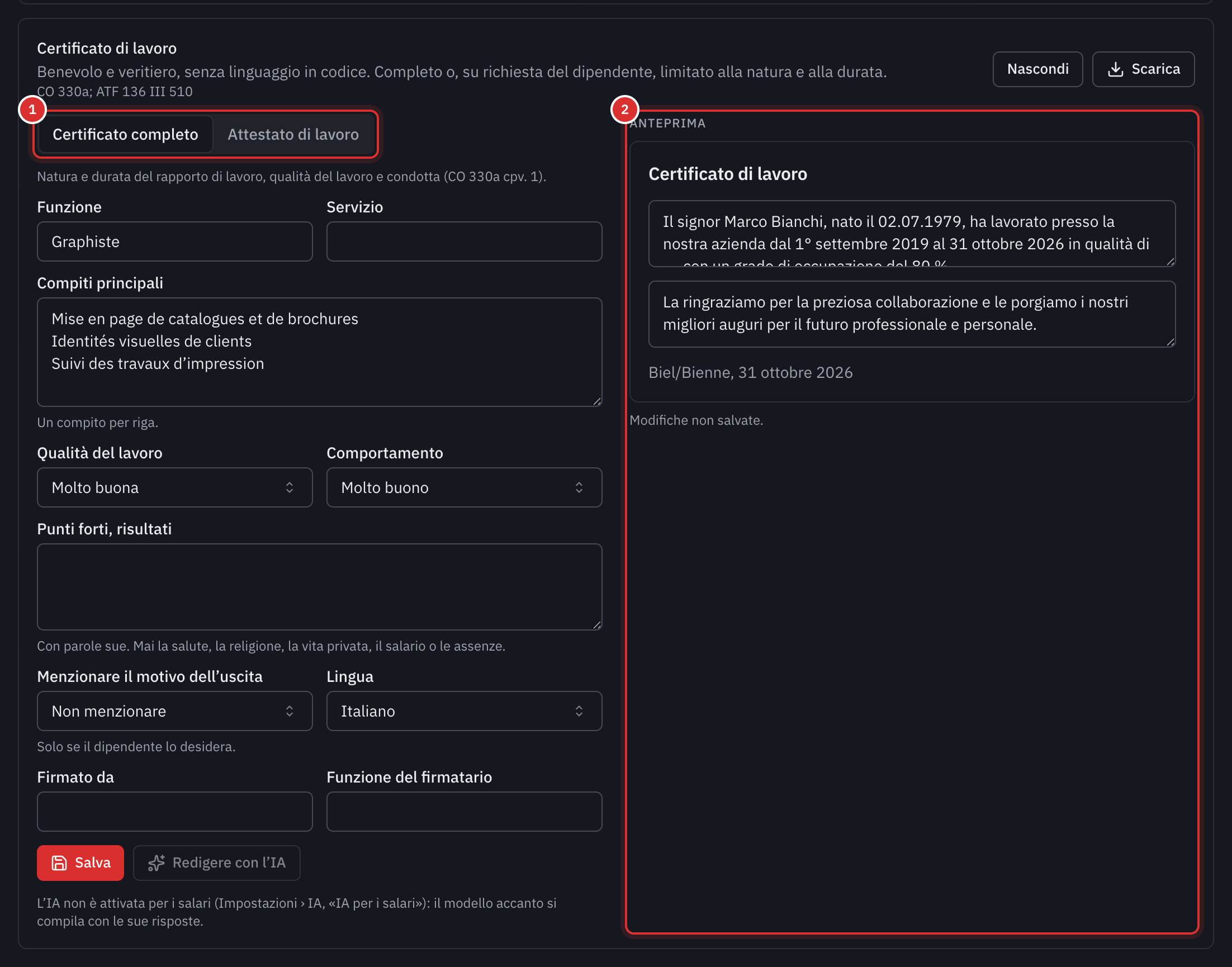 Il certificato di lavoro in redazione: il tipo Certificato completo, la funzione, i compiti, la qualità del lavoro e il comportamento, con accanto l’anteprima del certificato in italiano.