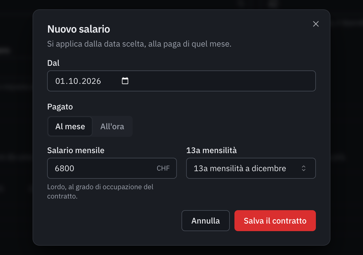 La finestra Nuovo salario: la data di validità, il salario mensile e la 13a mensilità.