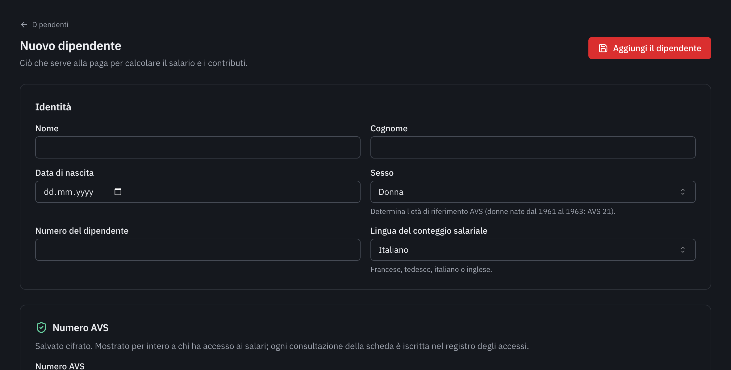 Il modulo Nuovo dipendente: le sezioni Identità e Numero AVS.