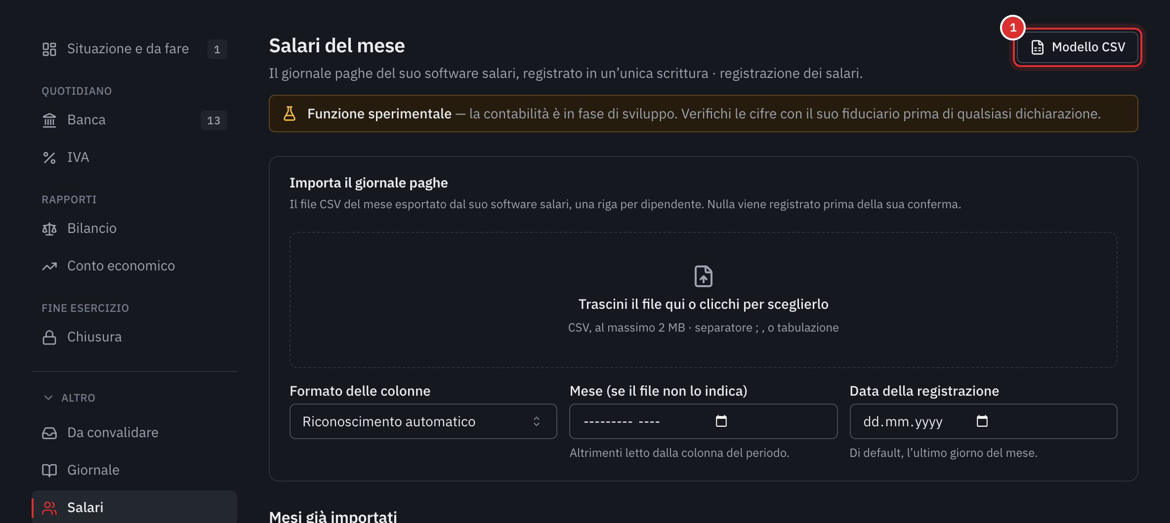 La pagina Salari del mese della contabilità: la zona per depositare il giornale, il formato delle colonne, il mese e la data della registrazione.