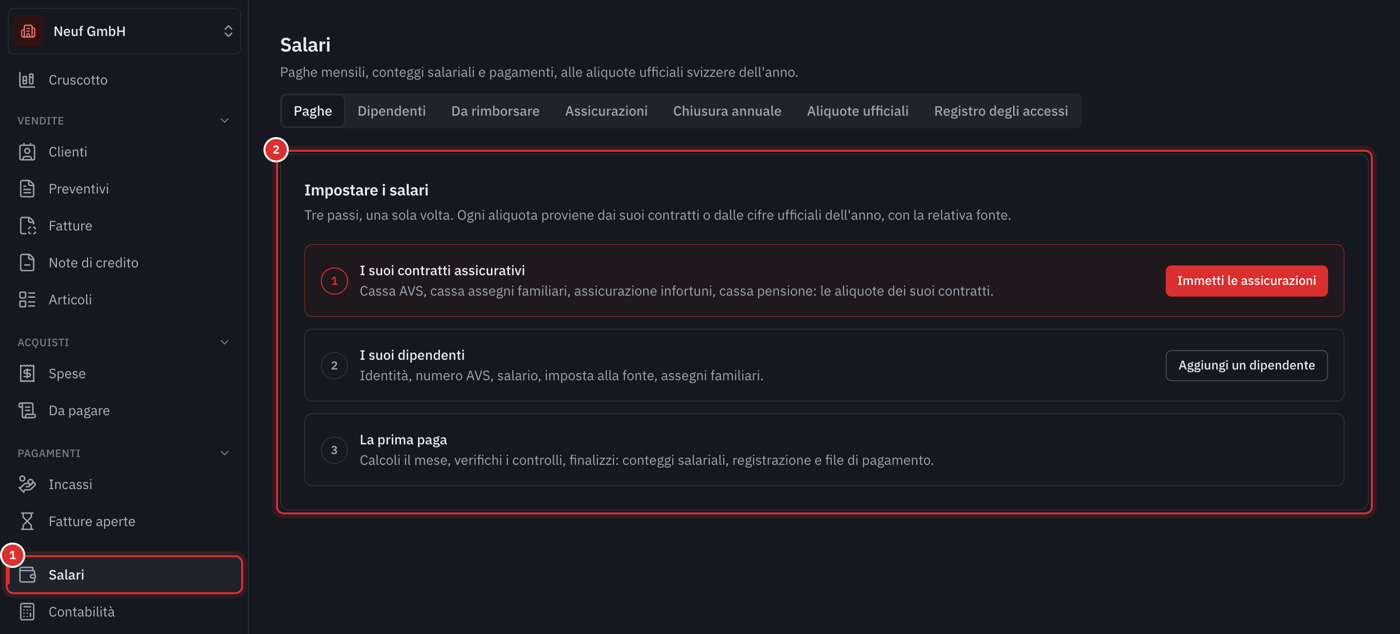 La pagina Salari di un’azienda che ha appena attivato il modulo: il menu Salari e le tre fasi di impostazione.