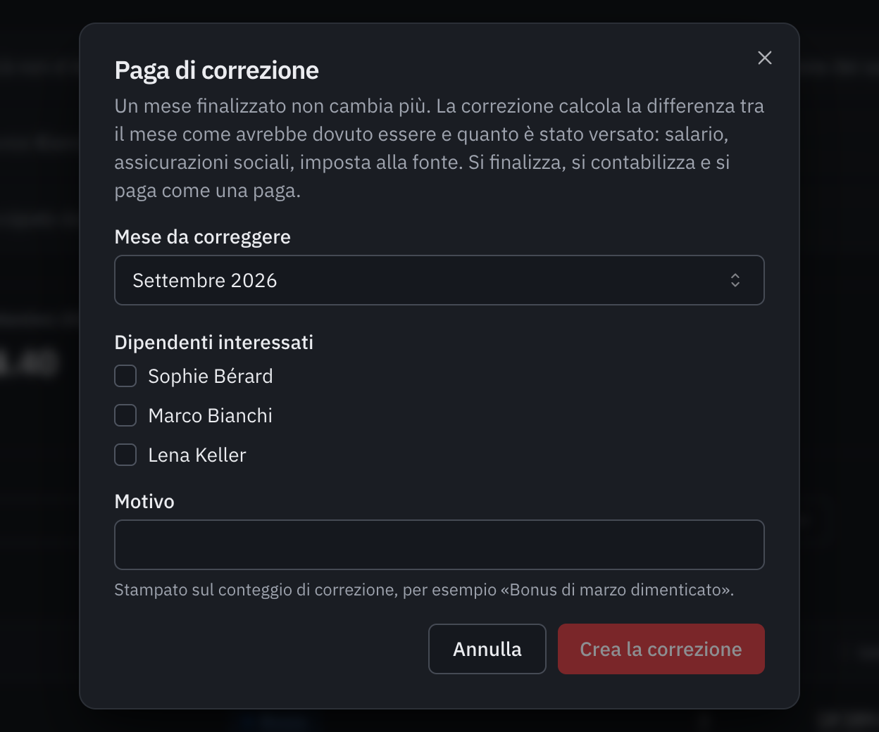 La finestra Paga di correzione: il mese da correggere, i dipendenti interessati e il motivo.