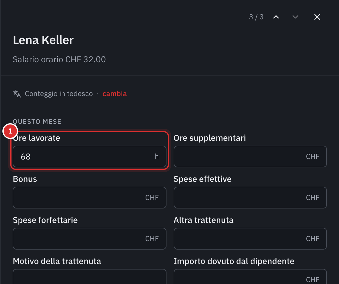 La scheda di una dipendente pagata a ore: le immissioni del mese, con 68 ore lavorate, i suoi controlli e il suo conteggio salariale.