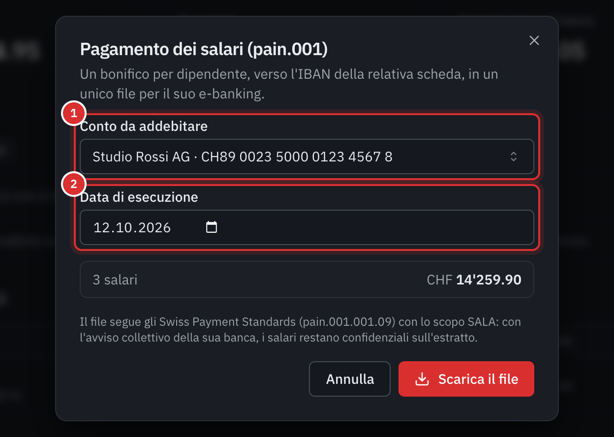 La finestra Pagamento dei salari: il conto da addebitare, la data di esecuzione, il numero di salari e il totale.