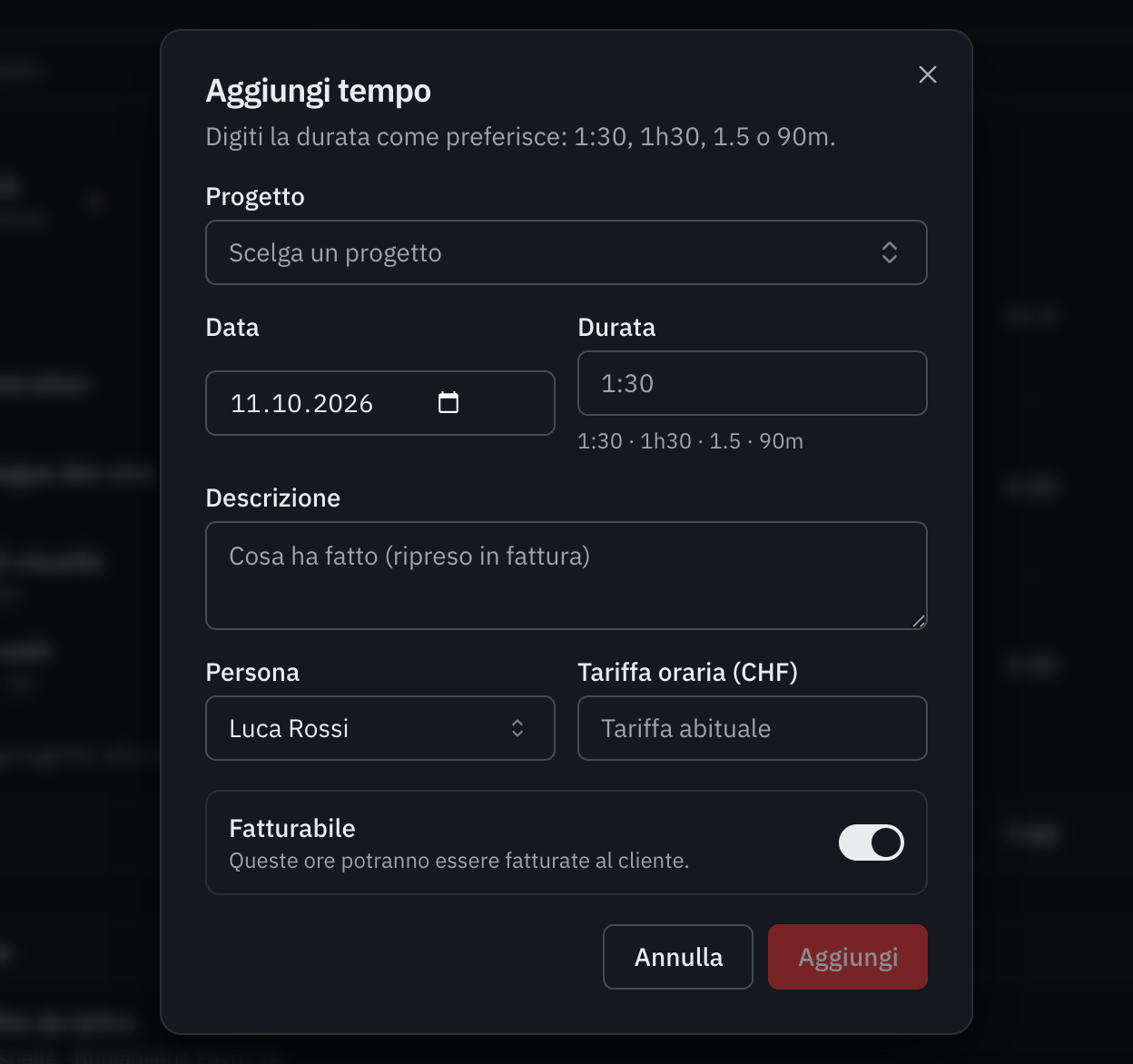 La finestra Aggiungere tempo: progetto, data, durata, descrizione, persona, tariffa oraria e fatturabile.