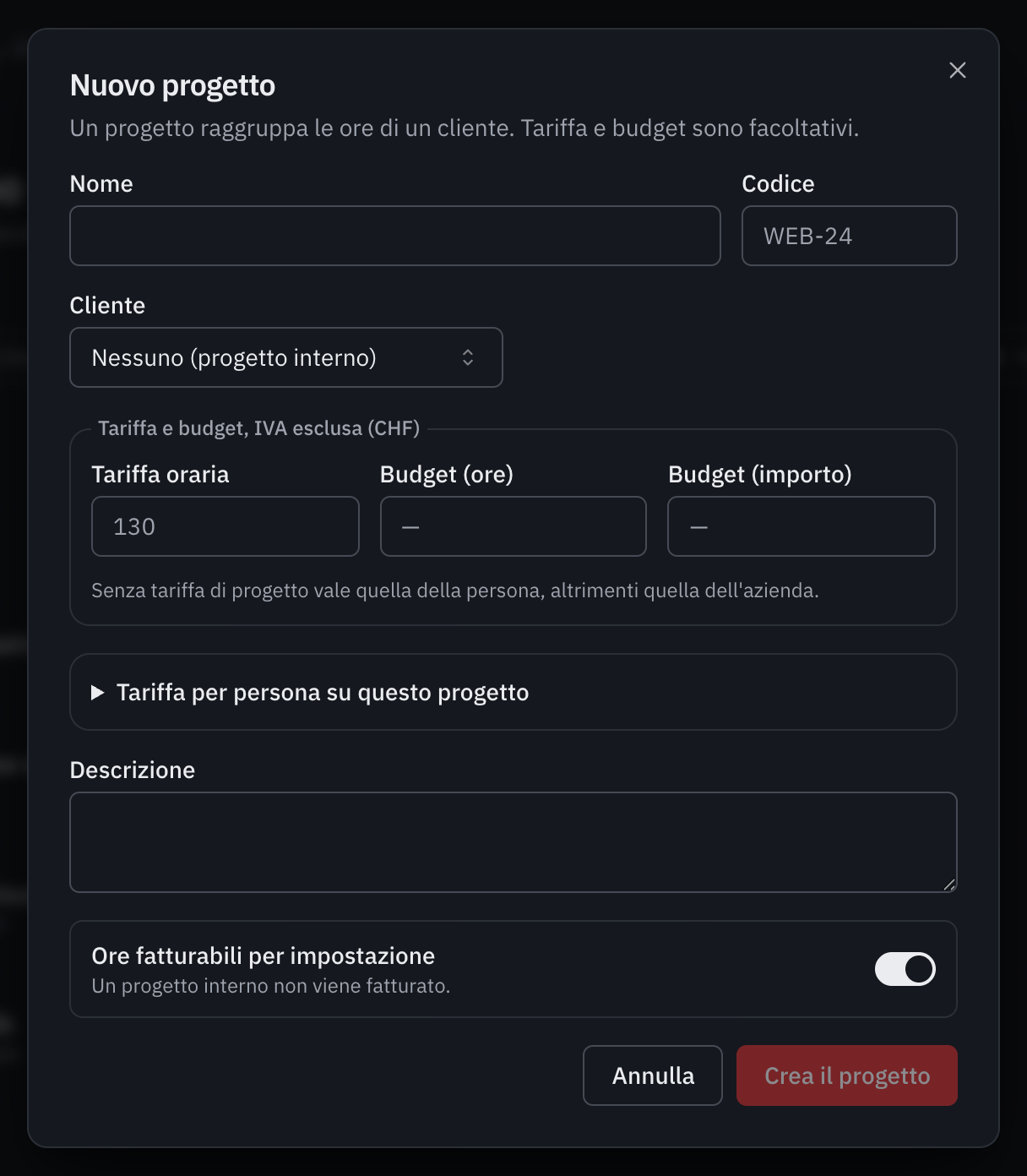 La finestra Nuovo progetto: nome, codice, cliente, tariffa e budget, tariffa per persona, descrizione e ore fatturabili per impostazione.