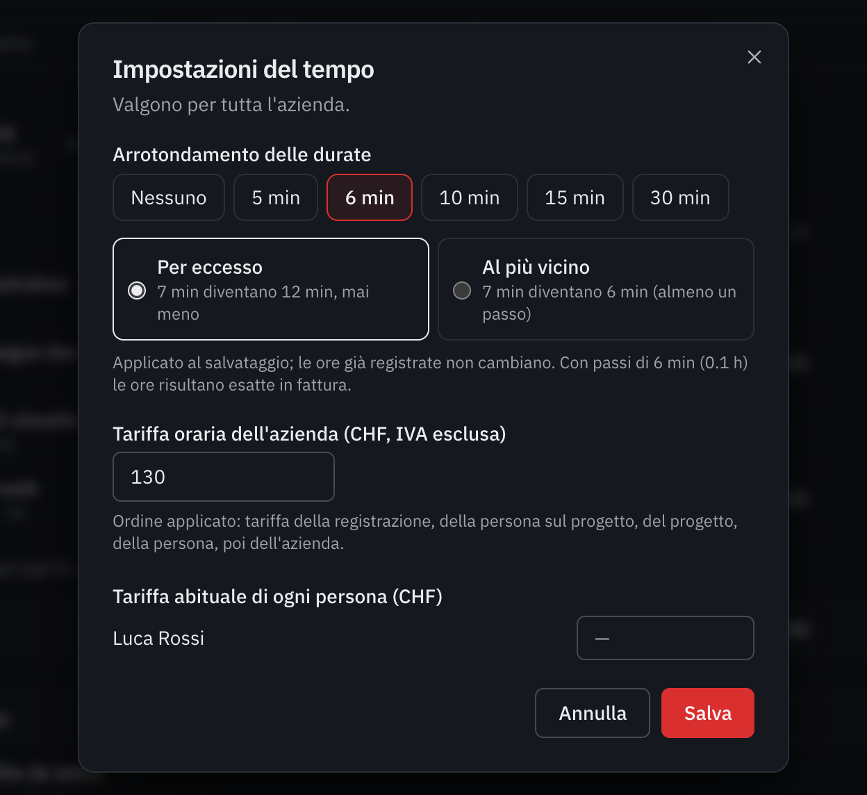 La finestra Impostazioni del tempo: l’arrotondamento delle durate, la direzione dell’arrotondamento, la tariffa oraria dell’azienda e la tariffa di ogni persona.