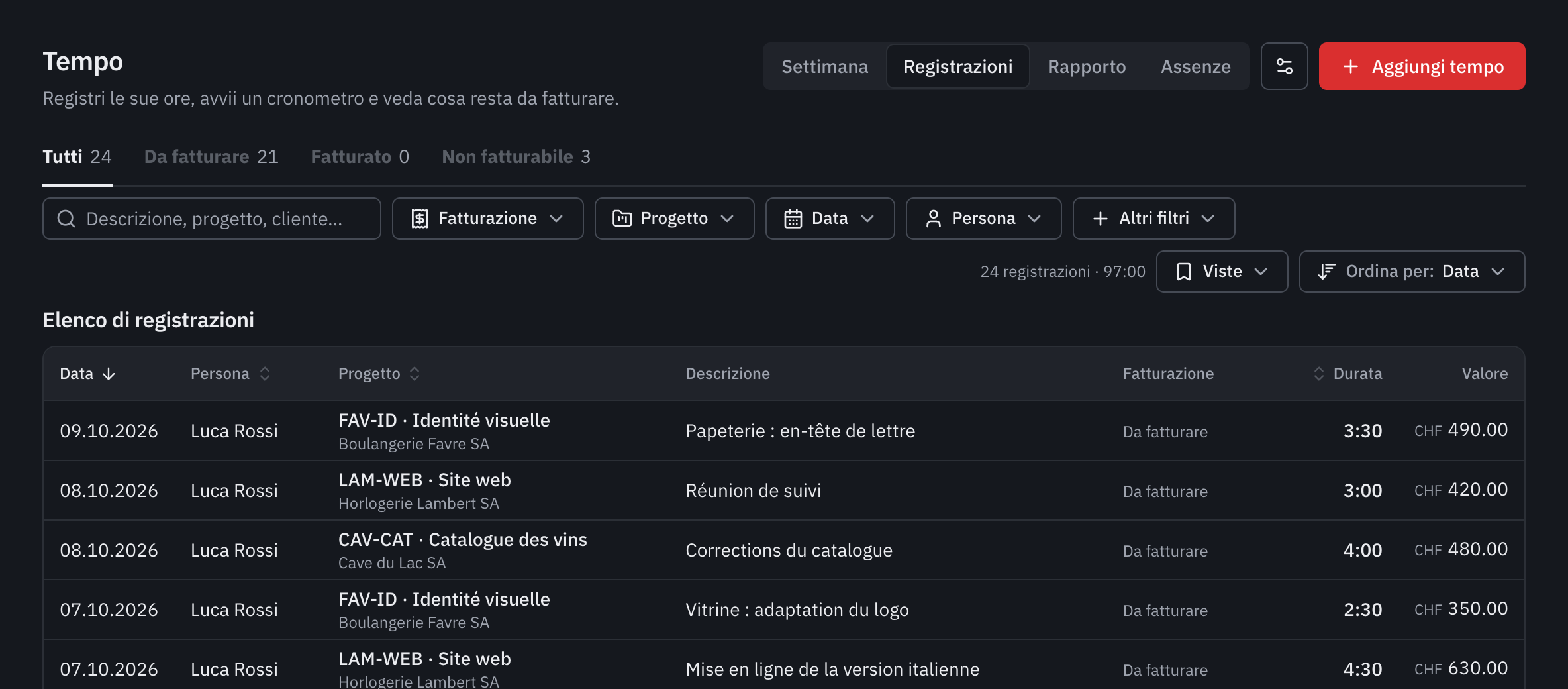 La scheda Registrazioni: le schede Tutti, Da fatturare, Fatturato e Non fatturabile, i filtri e l’elenco delle registrazioni con il loro valore.
