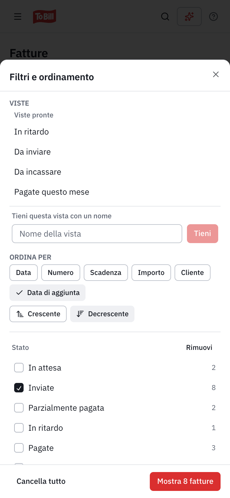 Il pannello Filtri e ordinamento su un telefono: le viste, l’ordinamento e il filtro Stato, con il pulsante Mostra 7 fatture.