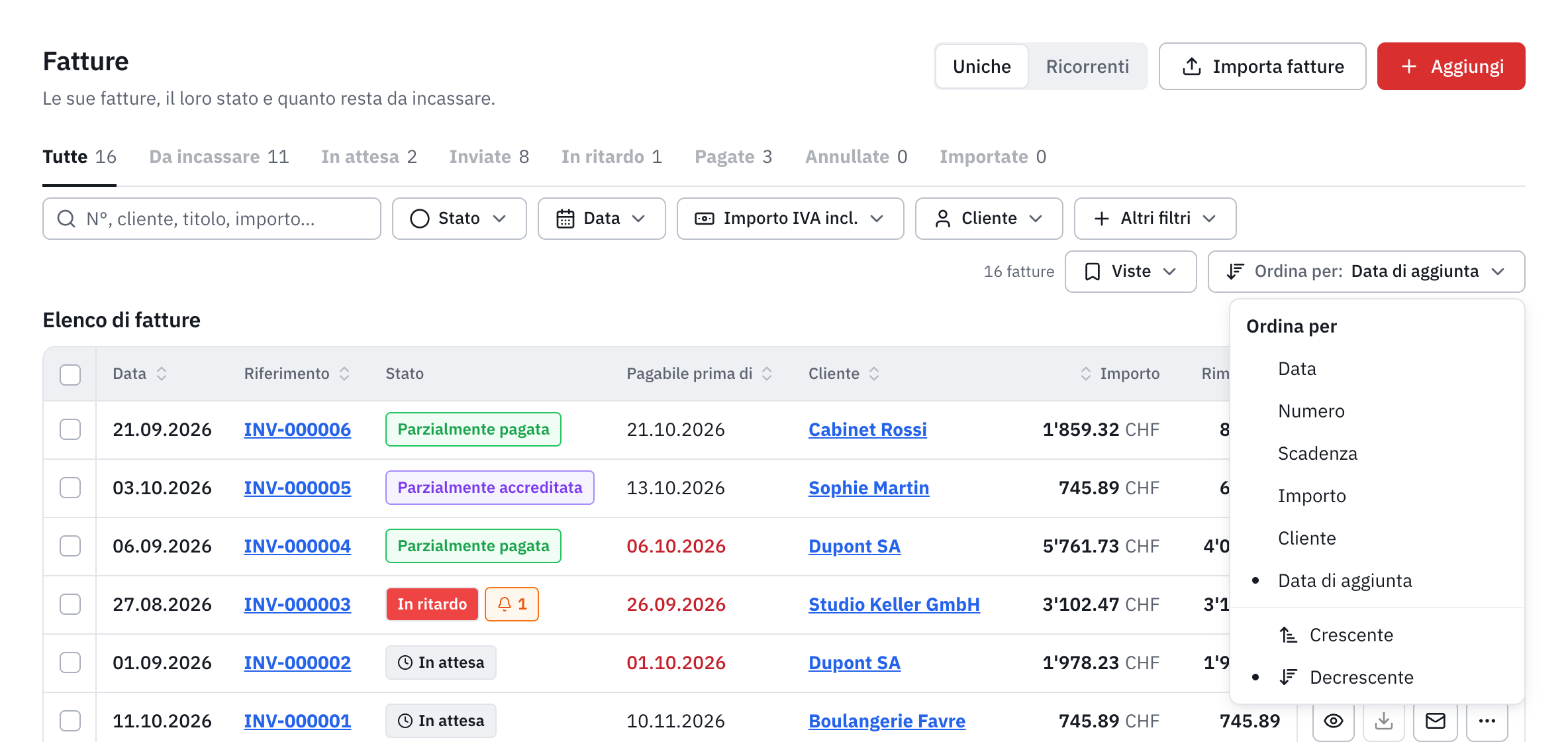 Il menu Ordina per aperto: Data, Numero, Scadenza, Importo, Cliente, Data di aggiunta, poi Crescente e Decrescente.