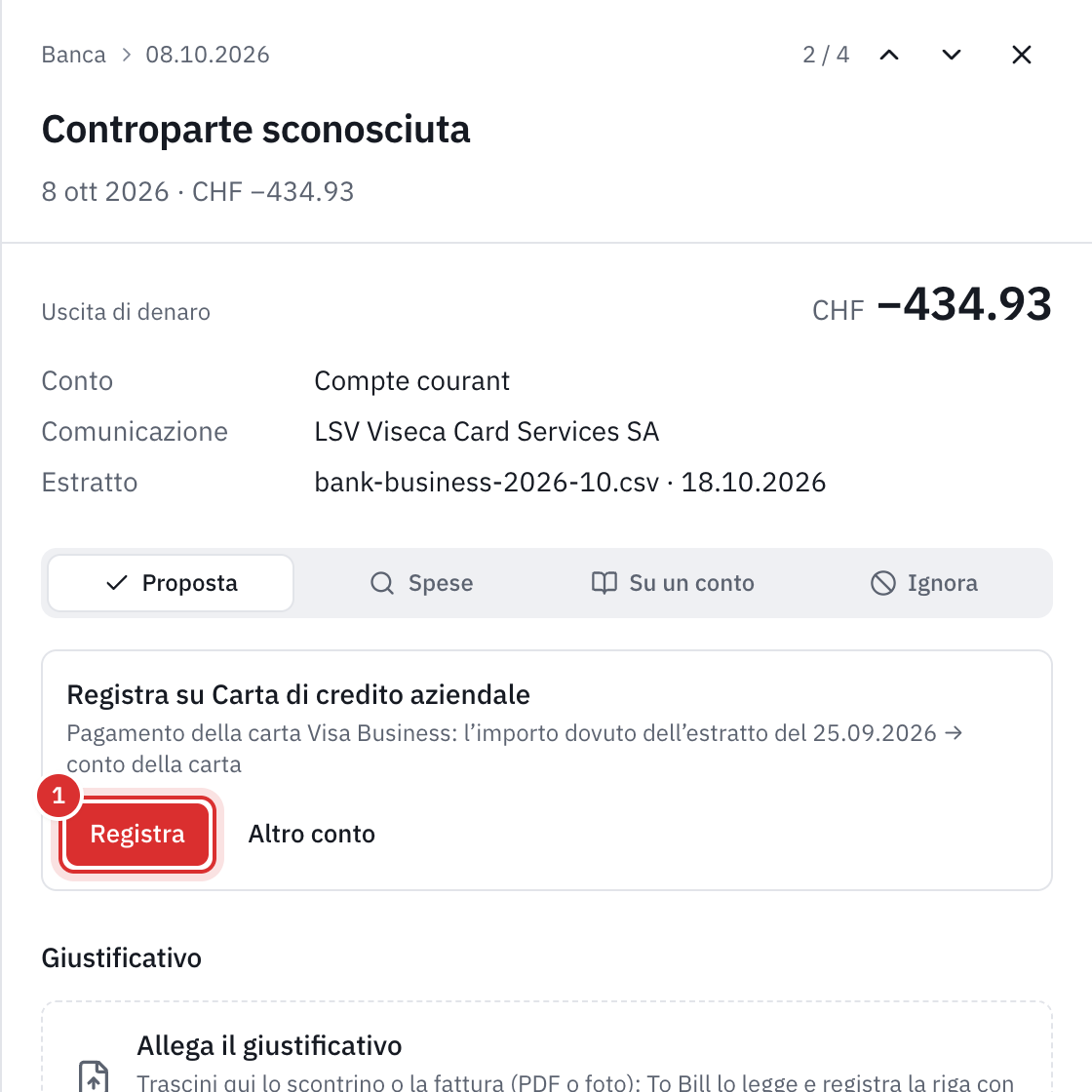 Il pannello di una riga bancaria di 434.93, LSV Viseca Card Services SA: la proposta Registra su Carta di credito aziendale, pagamento della carta Visa Business, l’importo dovuto dell’estratto del 25.09.2026 e il pulsante Registra.