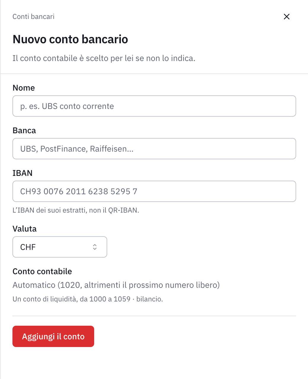 Il modulo Nuovo conto bancario: il nome, la banca, l’IBAN, la moneta, il conto contabile automatico e il pulsante Aggiungere il conto.