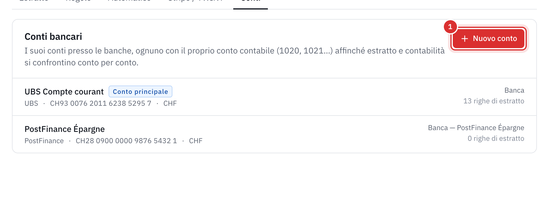 La scheda Conti della banca: UBS Conto corrente, contrassegnato come Conto principale, e PostFinance Risparmio, con il loro IBAN, la moneta, il conto contabile e il numero di righe di estratto.