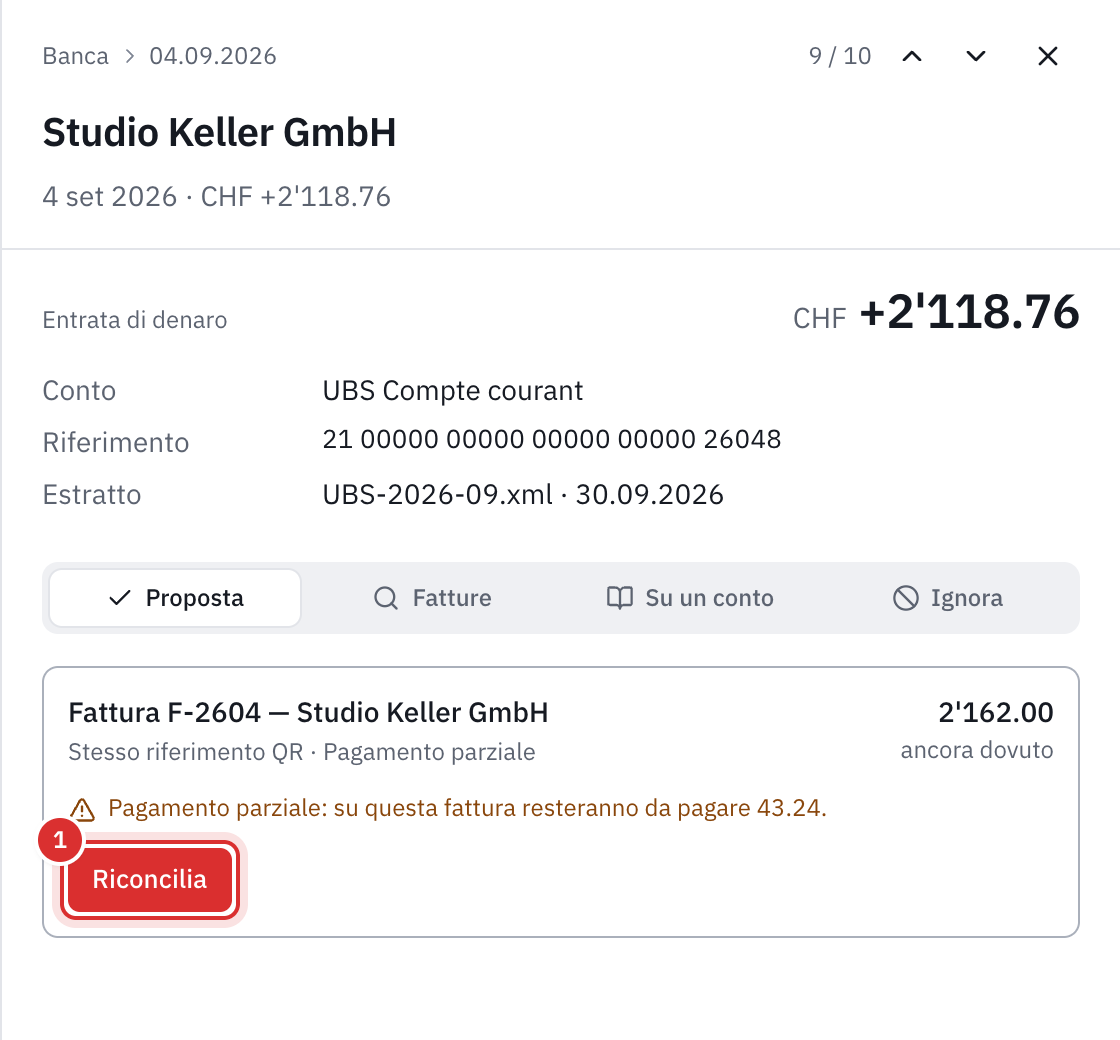 Una riga aperta: Studio Keller GmbH, CHF 2’118.76, con la proposta Fattura F-2604, pagamento parziale, resteranno da pagare 43.24, e il pulsante Riconciliare.