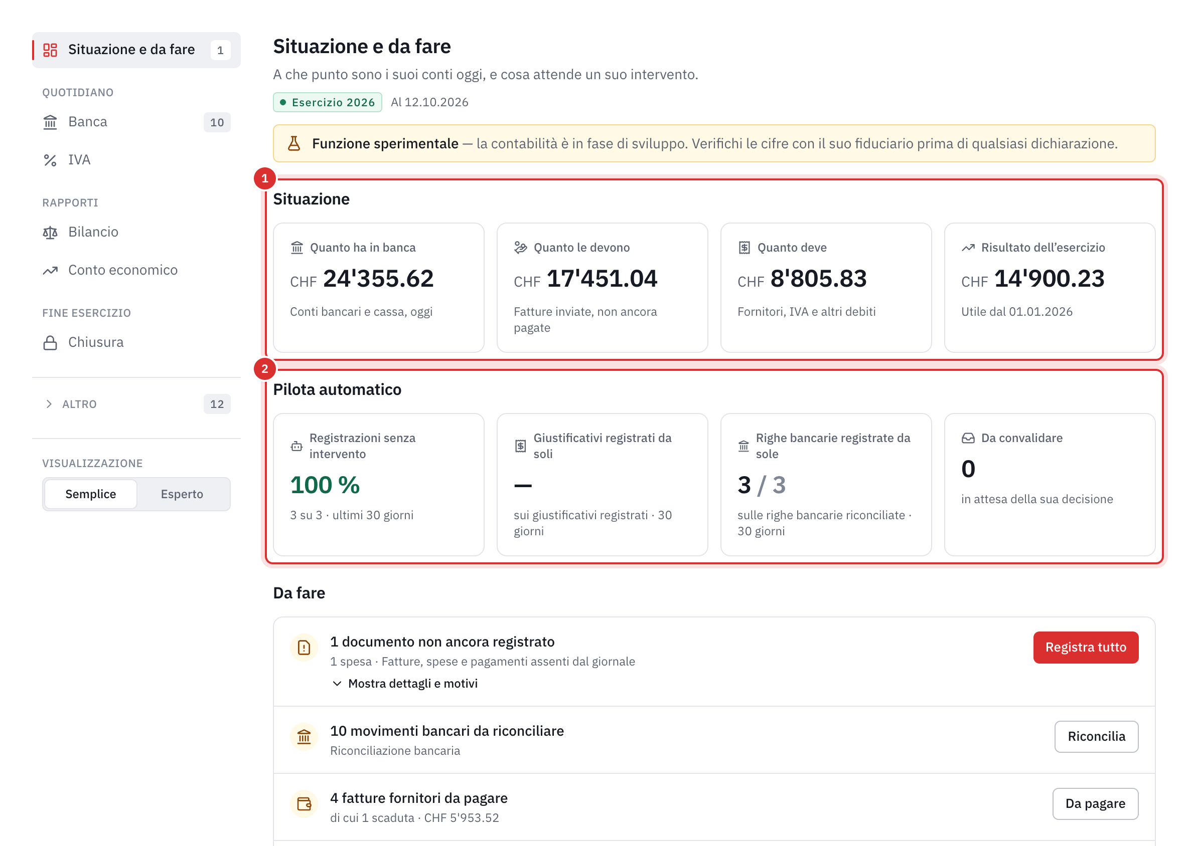 La pagina Situazione e da fare: quattro cifre della situazione, il pilota automatico e l’inizio dell’elenco Da fare.