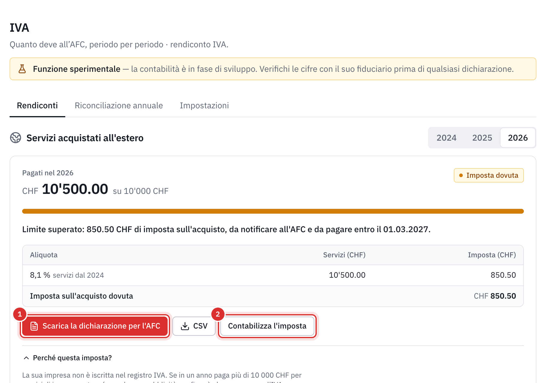 Il riquadro Servizi acquistati all’estero: CHF 10'500 pagati nel 2026 su un limite di CHF 10'000, l’imposta dovuta di CHF 850.50 e i pulsanti Scaricare la dichiarazione per l’AFC e Contabilizzare l’imposta.